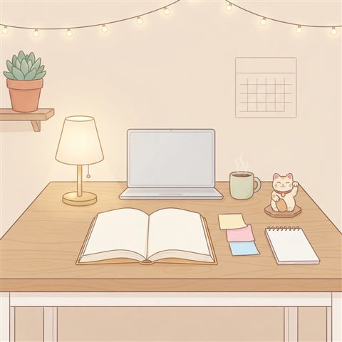 Minimal flat illustration of a desk with a lucky charm, sticky notes and warm light for exam day, centered subject with a simple uncluttered composition, soft pastel colors, bright and cozy, 1:1 aspect ratio