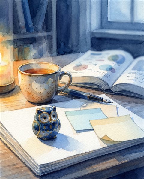 Watercolor illustration of a desk with a lucky charm, sticky notes and warm light for exam day, close-up detail with shallow depth of field, cool blue tones, quiet atmosphere, 4:5 aspect ratio