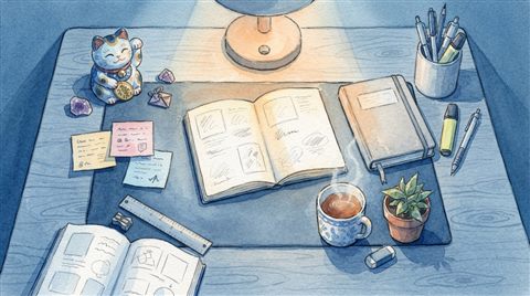 Watercolor illustration of a desk with a lucky charm, sticky notes and warm light for exam day, high-angle view from above, cool blue tones, quiet atmosphere, 16:9 aspect ratio