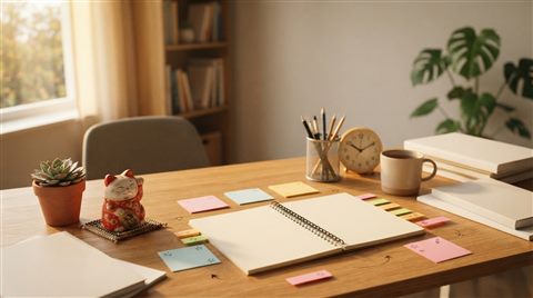 Photorealistic photo of a desk with a lucky charm, sticky notes and warm light for exam day, wide shot with open space at the top for text, warm golden light, calm mood, 16:9 aspect ratio