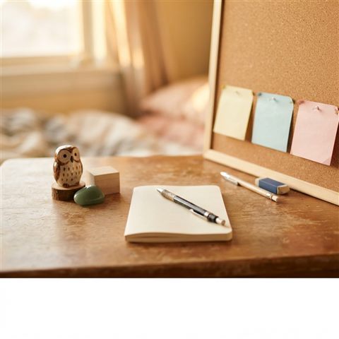 Photorealistic photo of a desk with a lucky charm, sticky notes and warm light for exam day, centered subject with a simple uncluttered composition, warm golden light, calm mood, 1:1 aspect ratio