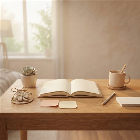 Soft 3D render of a desk with a lucky charm, sticky notes and warm light for exam day, centered subject with a simple uncluttered composition, misty morning haze, dreamy, 1:1 aspect ratio