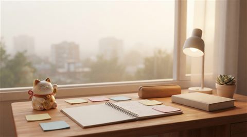 Soft 3D render of a desk with a lucky charm, sticky notes and warm light for exam day, wide shot with open space at the top for text, misty morning haze, dreamy, 16:9 aspect ratio