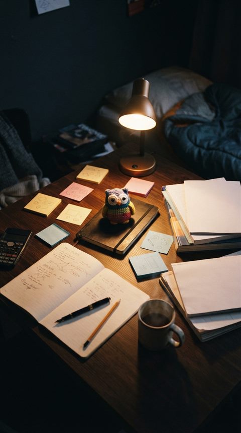 Photorealistic photo of a desk with a lucky charm, sticky notes and warm light for exam day, high-angle view from above, moody dark tones, dramatic lighting, 9:16 aspect ratio