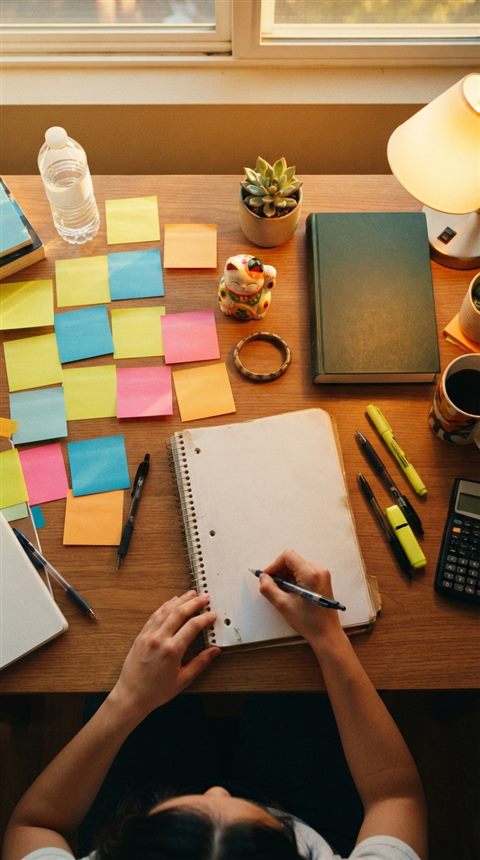 Cinematic film still of a desk with a lucky charm, sticky notes and warm light for exam day, high-angle view from above, vivid colors, high contrast, energetic, 9:16 aspect ratio
