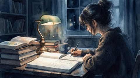 Watercolor illustration of a student studying late at night under a desk lamp, close-up detail with shallow depth of field, cool blue tones, quiet atmosphere, 16:9 aspect ratio