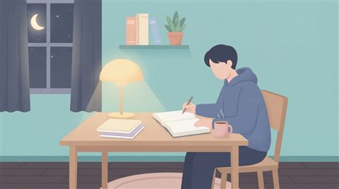 Minimal flat illustration of a student studying late at night under a desk lamp, centered subject with a simple uncluttered composition, soft pastel colors, bright and cozy, 16:9 aspect ratio