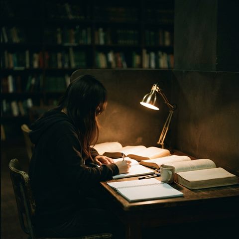 Photorealistic photo of a student studying late at night under a desk lamp, wide shot with open space at the top for text, warm golden light, calm mood, 1:1 aspect ratio