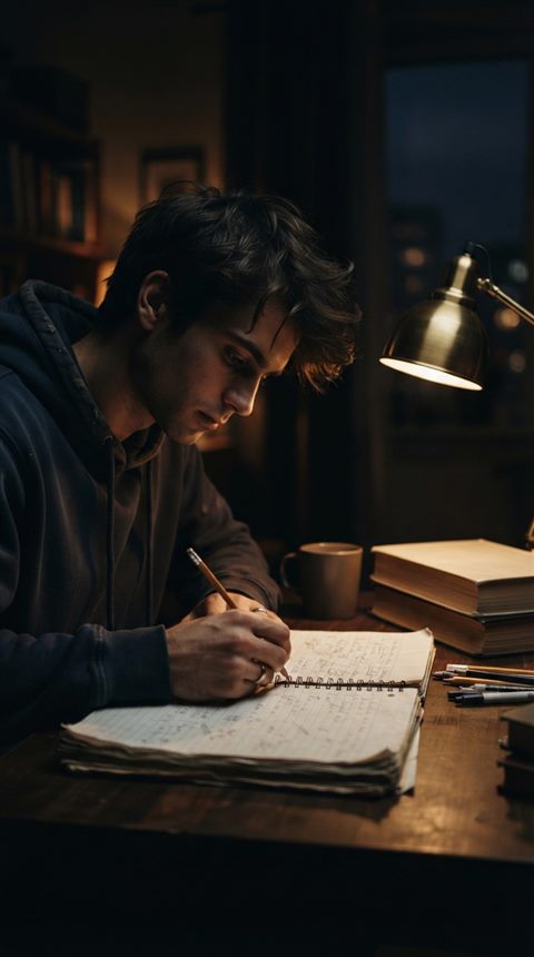 Photorealistic photo of a student studying late at night under a desk lamp, close-up detail with shallow depth of field, moody dark tones, dramatic lighting, 9:16 aspect ratio