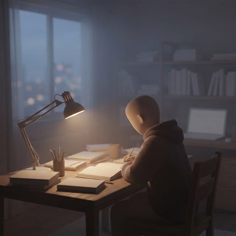 Soft 3D render of a student studying late at night under a desk lamp, wide shot with open space at the top for text, misty morning haze, dreamy, 1:1 aspect ratio