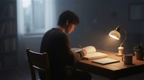 Soft 3D render of a student studying late at night under a desk lamp, centered subject with a simple uncluttered composition, misty morning haze, dreamy, 16:9 aspect ratio