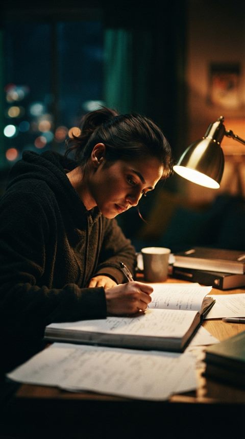 Cinematic film still of a student studying late at night under a desk lamp, close-up detail with shallow depth of field, vivid colors, high contrast, energetic, 9:16 aspect ratio