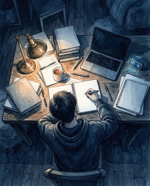 Watercolor illustration of a student studying late at night under a desk lamp, high-angle view from above, cool blue tones, quiet atmosphere, 4:5 aspect ratio