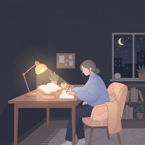 Minimal flat illustration of a student studying late at night under a desk lamp, wide shot with open space at the top for text, soft pastel colors, bright and cozy, 1:1 aspect ratio