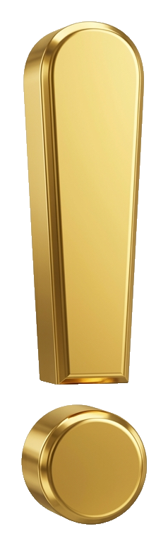 Shiny 3D render, gold metallic finish of a bold exclamation mark symbol, transparent background PNG