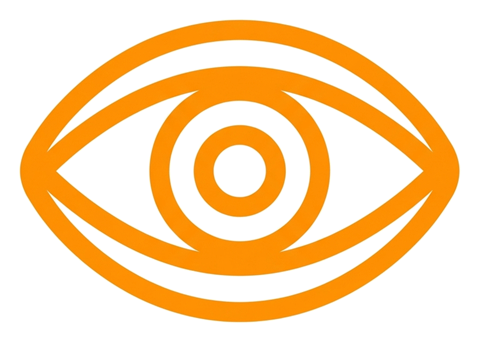 Rounded line icon, thick orange outline of an eye view icon, transparent background PNG