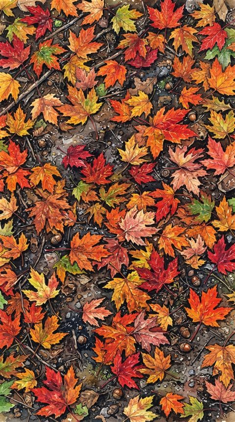 Watercolor illustration of colorful maple leaves, high-angle view from above, vivid colors, high contrast, energetic, 9:16 aspect ratio