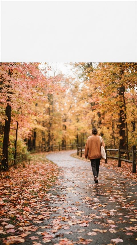 Cinematic film still of colorful maple leaves, wide shot with open space at the top for text, soft pastel colors, bright and cozy, 9:16 aspect ratio