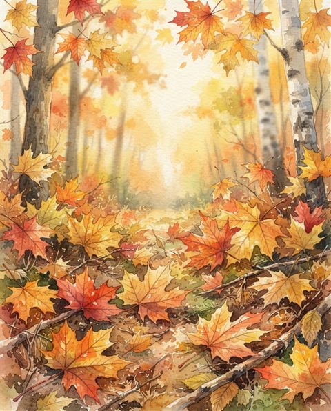 Watercolor illustration of colorful maple leaves, wide shot with open space at the top for text, warm golden light, calm mood, 4:5 aspect ratio