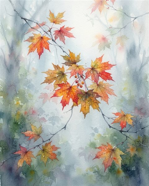 Watercolor illustration of colorful maple leaves, centered subject with a simple uncluttered composition, misty morning haze, dreamy, 4:5 aspect ratio
