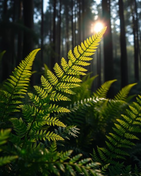 Photorealistic photo of Lush green fern fronds unfurling in a serene forest, highlighted by soft morning sunlight., close-up detail with shallow depth of field, moody dark tones, dramatic lighting, 4:5 aspect ratio
