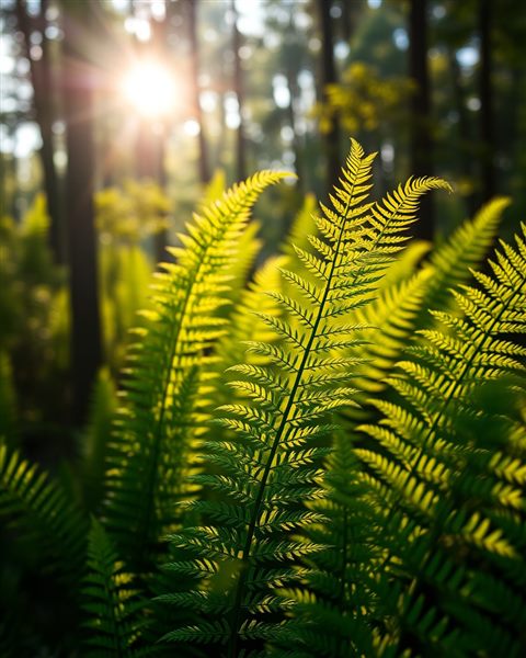 Cinematic film still of Lush green fern fronds unfurling in a serene forest, highlighted by soft morning sunlight., close-up detail with shallow depth of field, vivid colors, high contrast, energetic, 4:5 aspect ratio