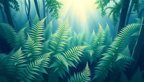 Watercolor illustration of Lush green fern fronds unfurling in a serene forest, highlighted by soft morning sunlight., high-angle view from above, cool blue tones, quiet atmosphere, 16:9 aspect ratio