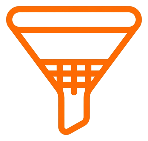 Rounded line icon, thick orange outline of a funnel filter icon, transparent background PNG