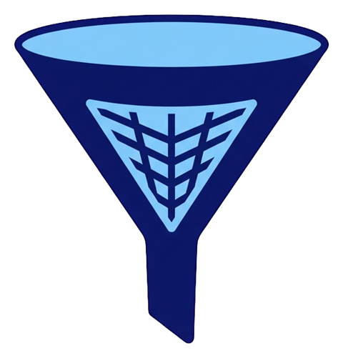 Duotone icon, navy blue and light blue of a funnel filter icon, transparent background PNG
