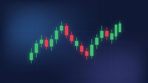 Minimal flat illustration of stock chart with red and green candles under dramatic lighting, centered subject with a simple uncluttered composition, cool blue tones, quiet atmosphere, 16:9 aspect ratio