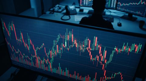 Cinematic film still of stock chart with red and green candles under dramatic lighting, high-angle view from above, cool blue tones, quiet atmosphere, 16:9 aspect ratio