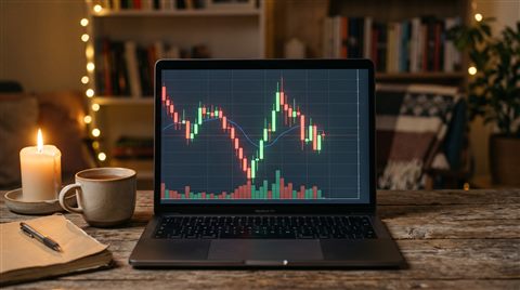 Cinematic film still of stock chart with red and green candles under dramatic lighting, centered subject with a simple uncluttered composition, soft pastel colors, bright and cozy, 16:9 aspect ratio