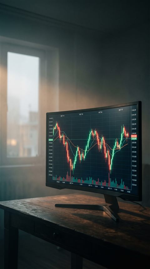 Cinematic film still of stock chart with red and green candles under dramatic lighting, wide shot with open space at the top for text, misty morning haze, dreamy, 9:16 aspect ratio