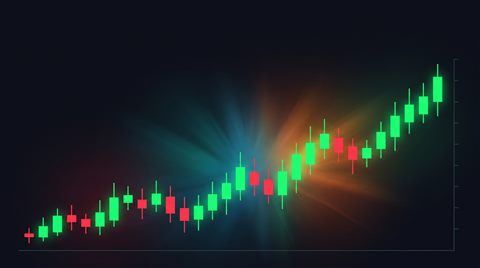 Minimal flat illustration of stock chart with red and green candles under dramatic lighting, wide shot with open space at the top for text, vivid colors, high contrast, energetic, 16:9 aspect ratio