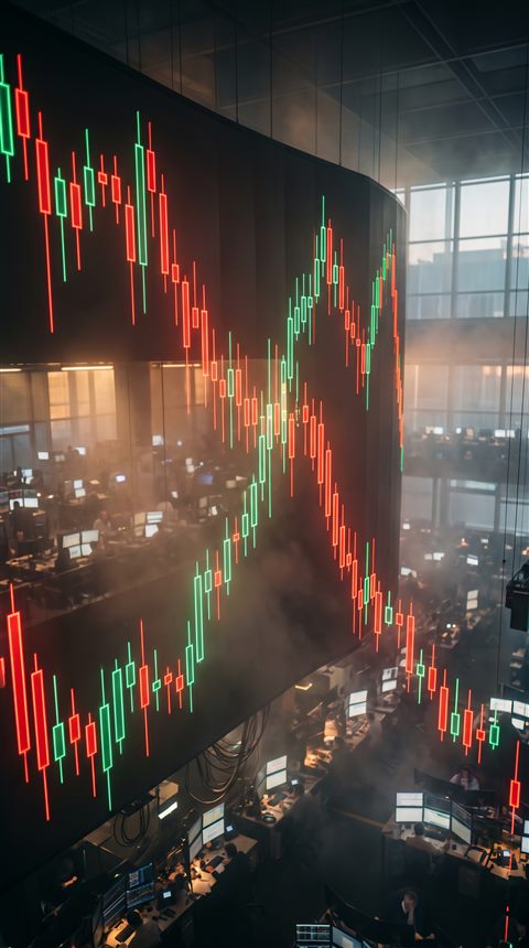 Photorealistic photo of stock chart with red and green candles under dramatic lighting, high-angle view from above, misty morning haze, dreamy, 9:16 aspect ratio