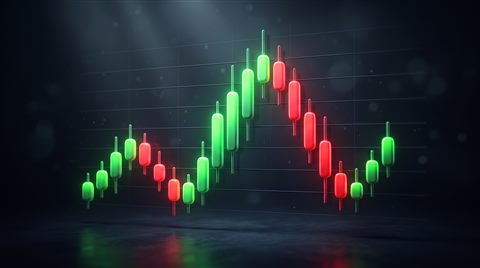 Soft 3d render of stock chart with red and green candles under dramatic lighting, centered subject with a simple uncluttered composition, vivid colors, high contrast, energetic, 16:9 aspect ratio