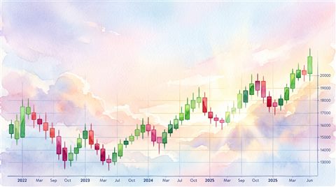 Watercolor illustration of stock chart with red and green candles under dramatic lighting, wide shot with open space at the top for text, soft pastel colors, bright and cozy, 16:9 aspect ratio