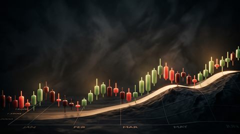 Soft 3d render of stock chart with red and green candles under dramatic lighting, wide shot with open space at the top for text, moody dark tones, dramatic lighting, 16:9 aspect ratio