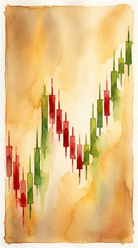 Watercolor illustration of stock chart with red and green candles under dramatic lighting, centered subject with a simple uncluttered composition, warm golden light, calm mood, 9:16 aspect ratio