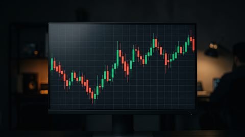 Photorealistic photo of stock chart with red and green candles under dramatic lighting, centered subject with a simple uncluttered composition, moody dark tones, dramatic lighting, 16:9 aspect ratio