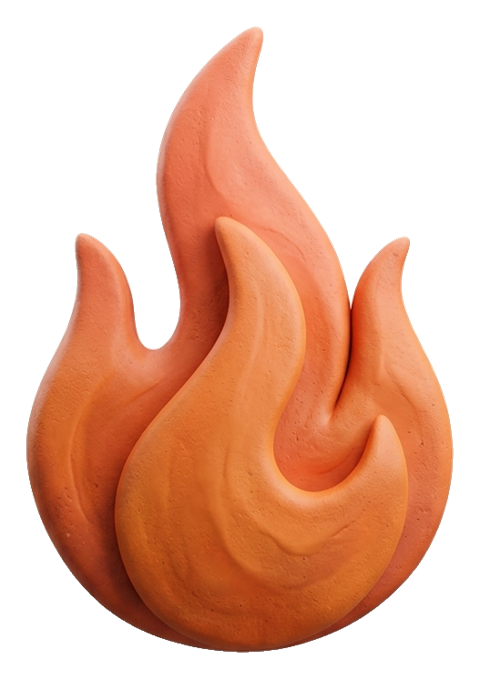 Clay 3D render, warm orange and coral tones of a burning flame icon, transparent background PNG