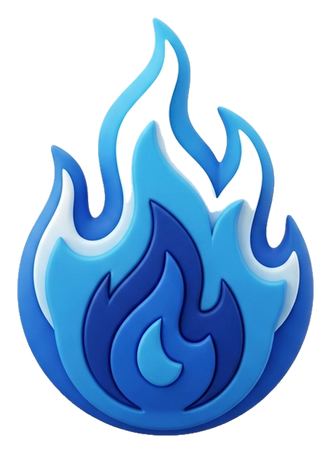 Matte 3D render, blue and white color scheme of a burning flame icon, transparent background PNG