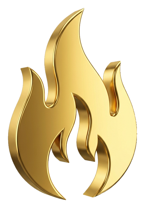 Shiny 3D render, gold metallic finish of a burning flame icon, transparent background PNG