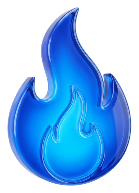 Glossy 3D render, blue flame of a burning flame icon, transparent background PNG