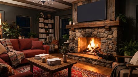 Photorealistic photo of a warm fireplace in a living room, wide shot with open space at the top for text, vivid colors, high contrast, energetic, 16:9 aspect ratio