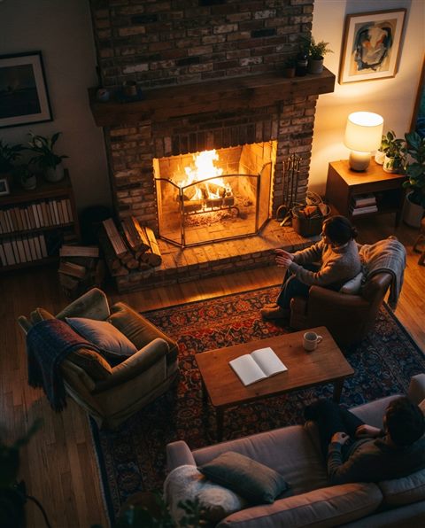 Cinematic film still of a warm fireplace in a living room, high-angle view from above, vivid colors, high contrast, energetic, 4:5 aspect ratio