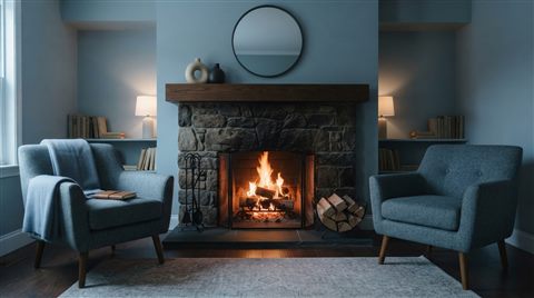 Photorealistic photo of a warm fireplace in a living room, centered subject with a simple uncluttered composition, cool blue tones, quiet atmosphere, 16:9 aspect ratio