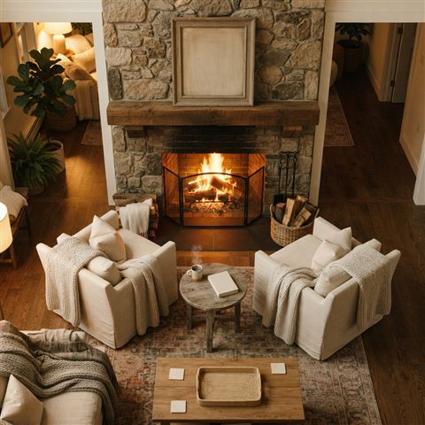 Photorealistic photo of a warm fireplace in a living room, high-angle view from above, warm golden light, calm mood, 1:1 aspect ratio