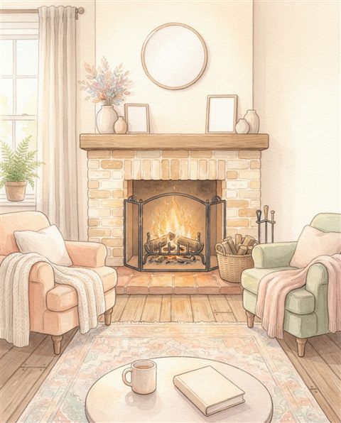 Watercolor illustration of a warm fireplace in a living room, centered subject with a simple uncluttered composition, soft pastel colors, bright and cozy, 4:5 aspect ratio
