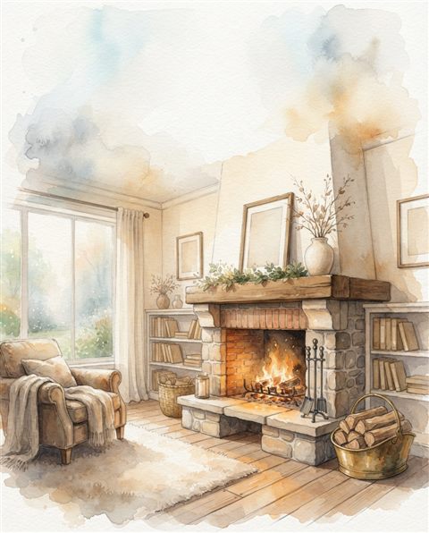 Watercolor illustration of a warm fireplace in a living room, wide shot with open space at the top for text, misty morning haze, dreamy, 4:5 aspect ratio